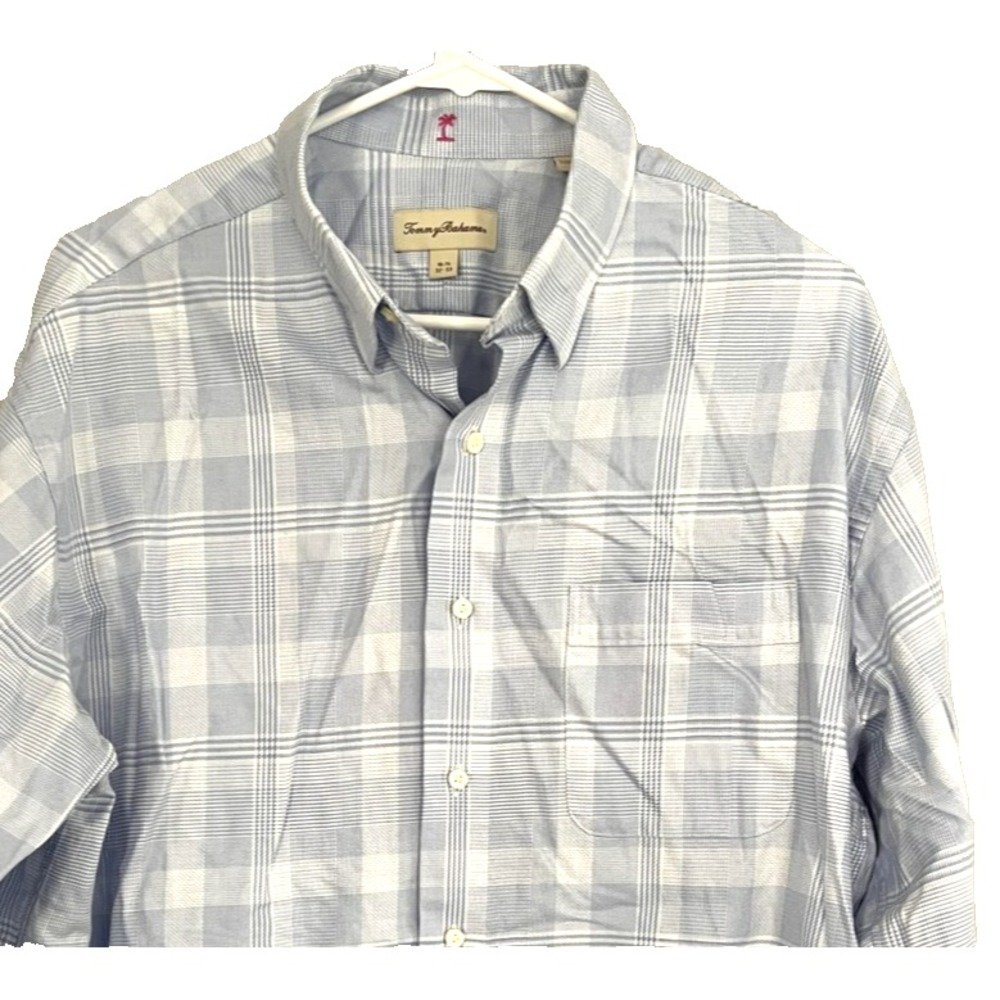 Tommy Bahama Shirt Mens Large Blue Plaid Button Down 16.5 32-33 100% Cotton
